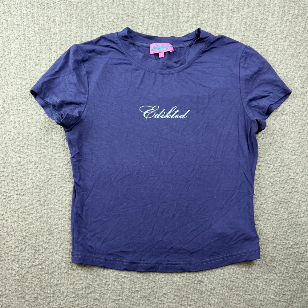 Edikted Women's S Small Short Sleeve Baby Tee Navy Blue Script Logo Crop Top